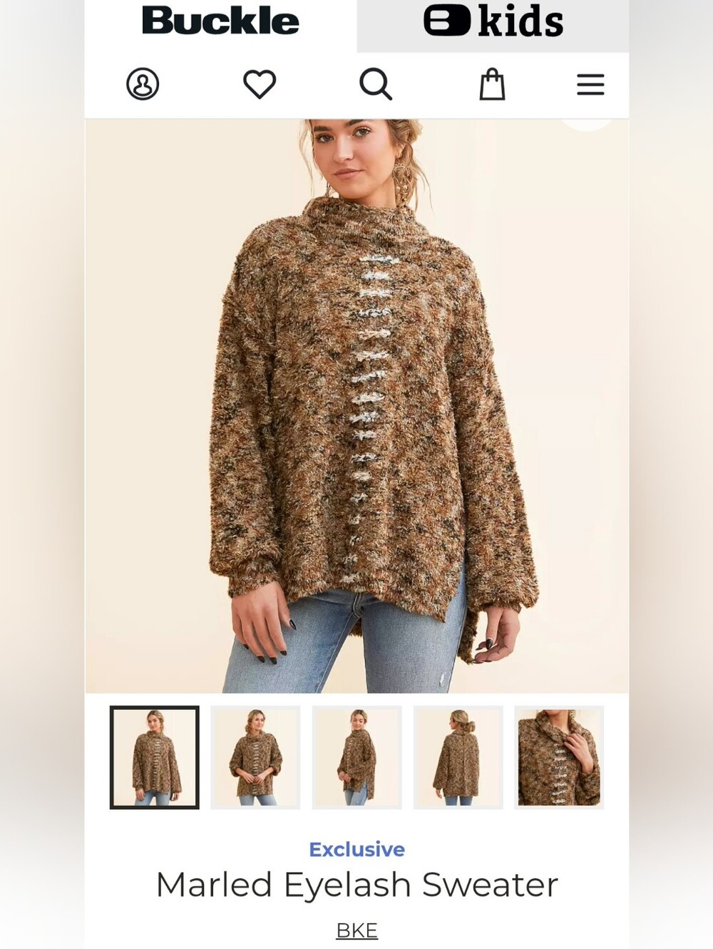 BKE Cozy Funnel Neck Oversized Eyelash Sweater - Brown Multi. Size L - Picture 4 of 10